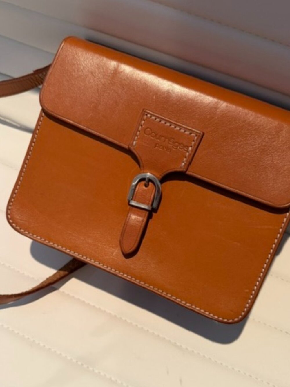 Courreges Paris Vintage Tan Calf Leather Flap Closure Crossbody Bag